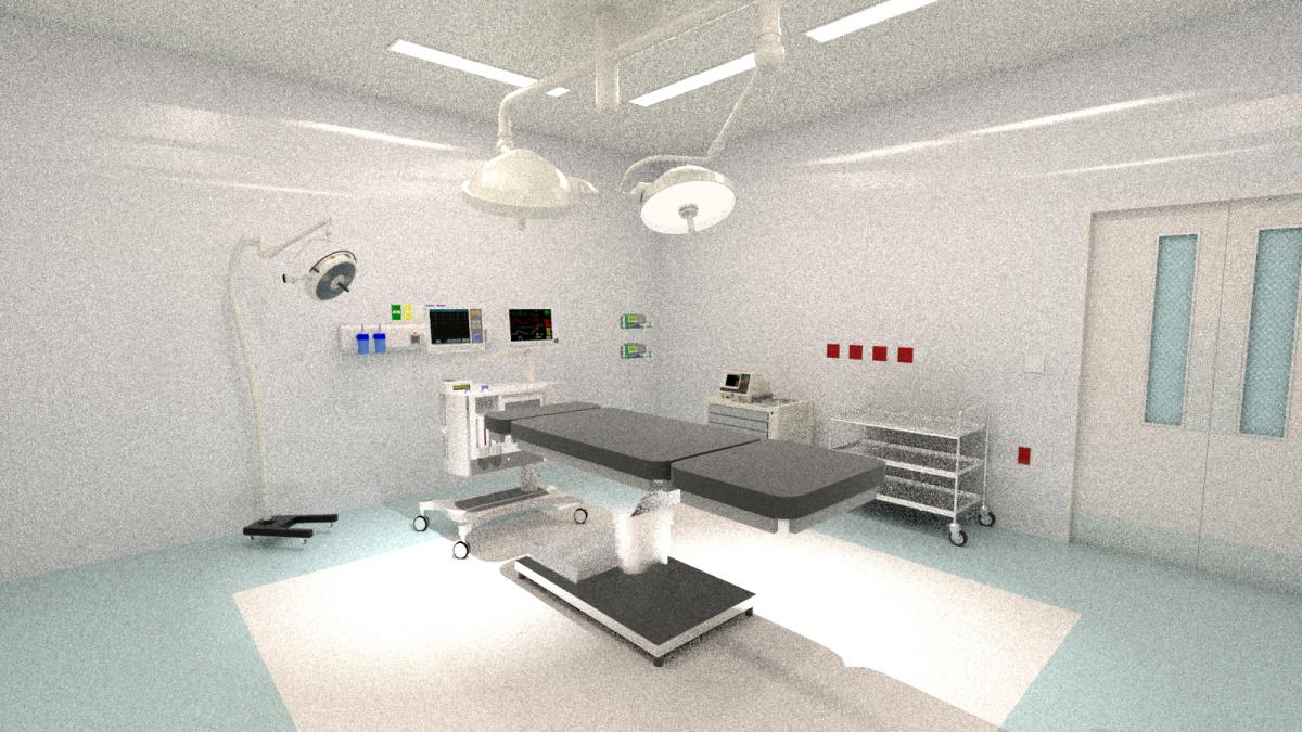 Projeto de clínica de cirurgia plástica de 645 m2. Renderização de uma das duas salas cirúrgicas da clínica.